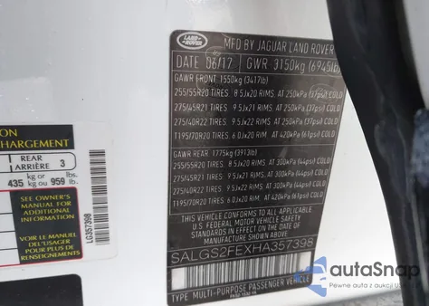 2017 Land Rover Range Rover 5.0L V8 Supercharged z USA, uszkodzony, nr VIN SALGS2FEXHA357398